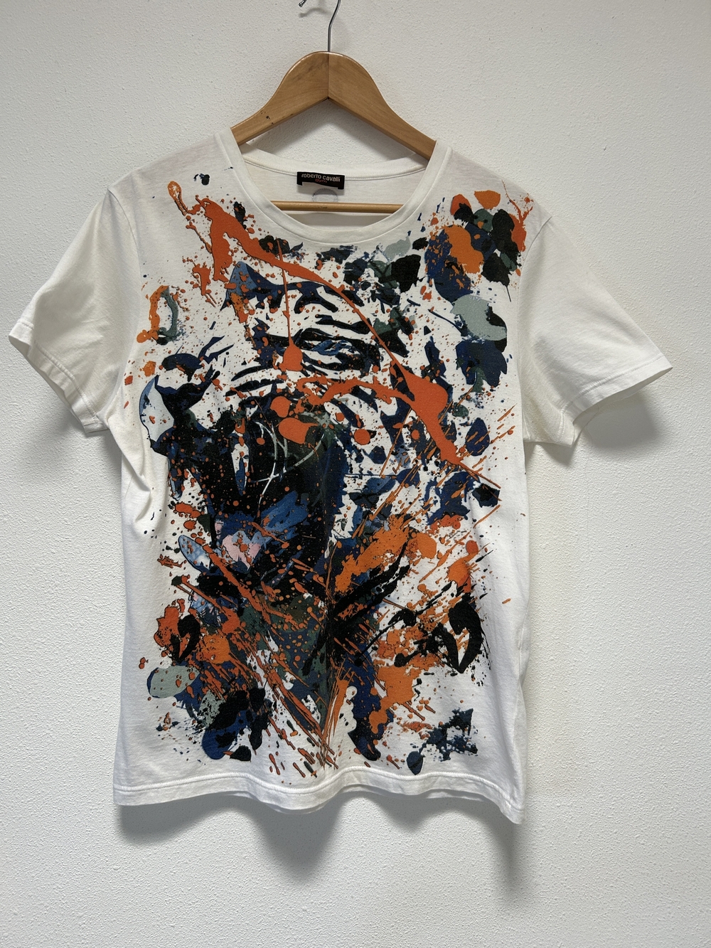 Roberto Cavalli White Short-Sleeve Tee with Orange and Navy Splash Print